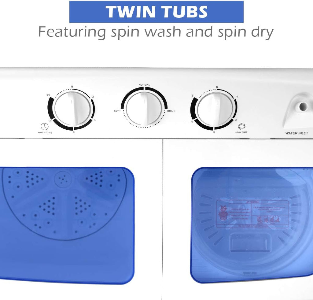 Portable Mini Compact Twin Tub Washing Machine 20lbs Washer Spain Spinner Portable Washing Machine, Blue+ White