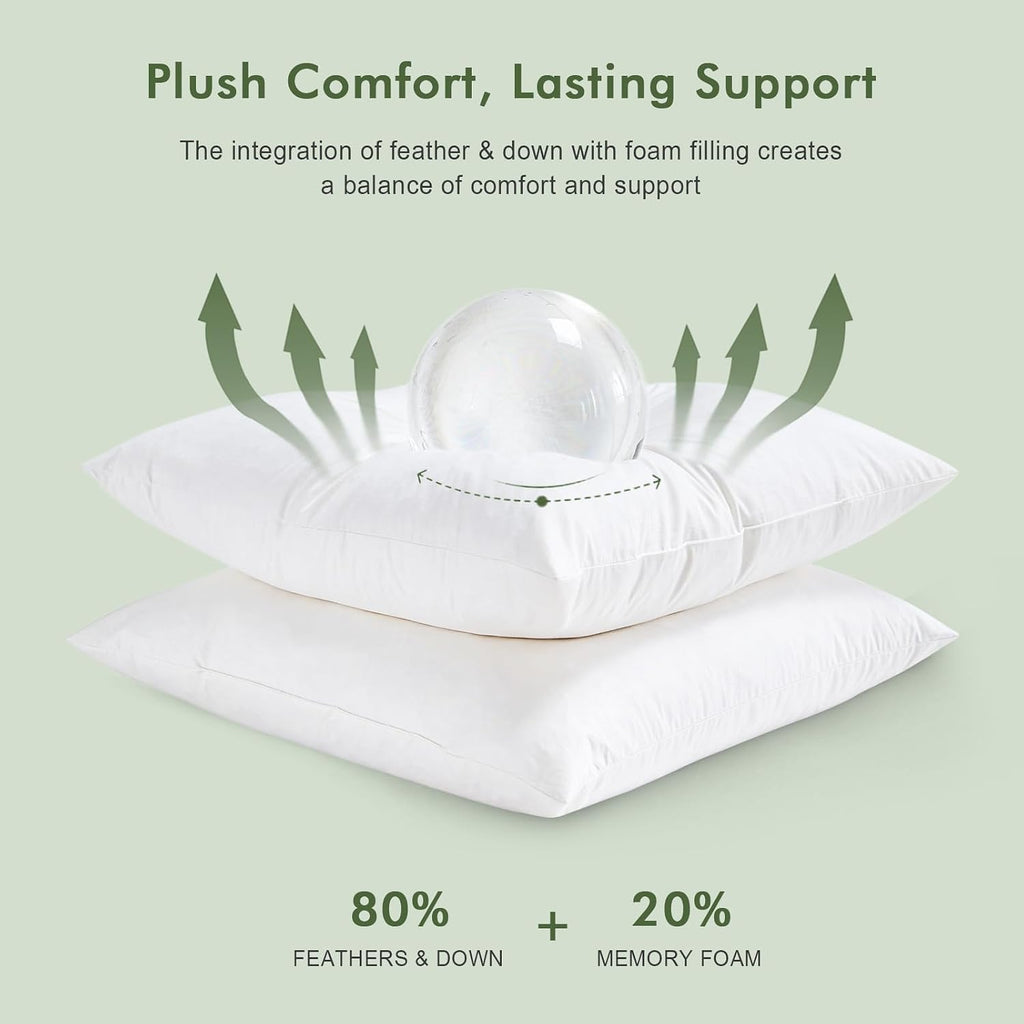 Feather Down Throw Pillow Inserts 18 x 18, 100% Organic Cotton Shell, Soft Decorative Square Pillows Insert - Set of 2