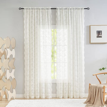 Vintage Lace Curtains 108 inches Long 2 Panels Set French Country Shabby Chic Floral Sheer Curtains Window Light