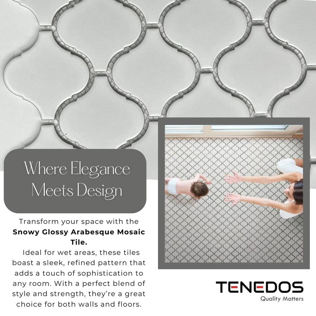 Snowy Glossy Arabesque Porcelain Tile - 11.38" x 12.25" Sheet for Wall, Backsplash, Bathroom, Shower Accent, White