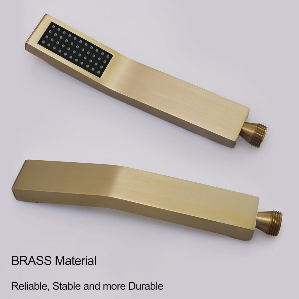 Hand Held Shower Head Combo Set Square Shower Wand Brushed Gold Solid Brass Shower Head With Adjustable Shower Holder