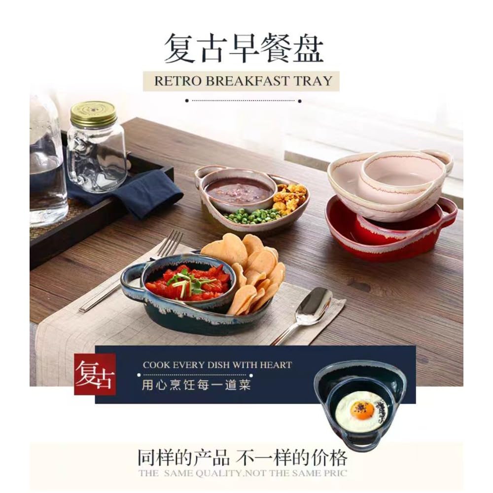 Chip and dip plate,muticolor,Divided plate with Handle,Ceramic,Breakfast bowl,Oval,for salad,soup and sandwich plate