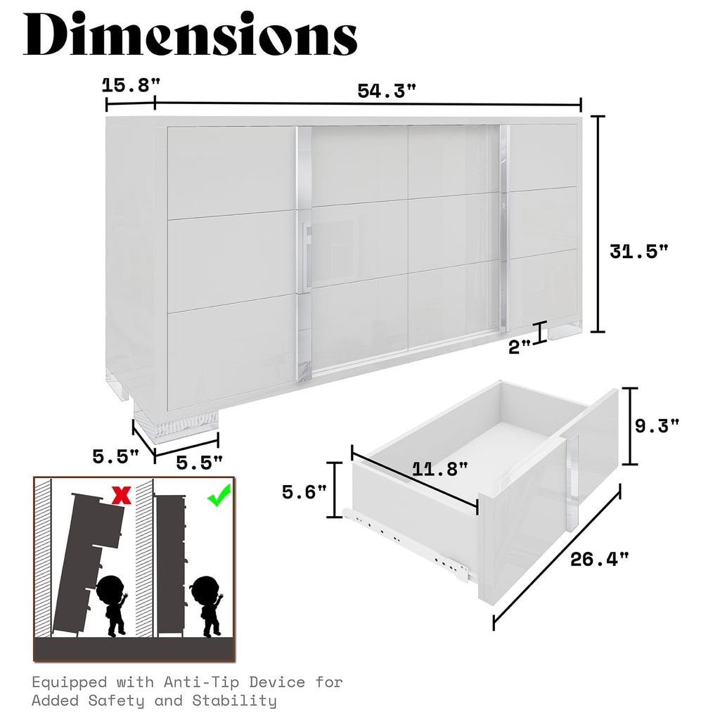 6 Drawer Dresser, Modern Storage Chest, High Gloss Finish, White