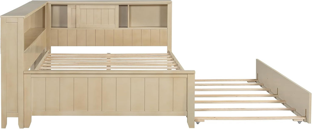 Full Size Daybed with Trundle and Shelves, Wood Corner Bed Frame with Bookcase and Headboard
