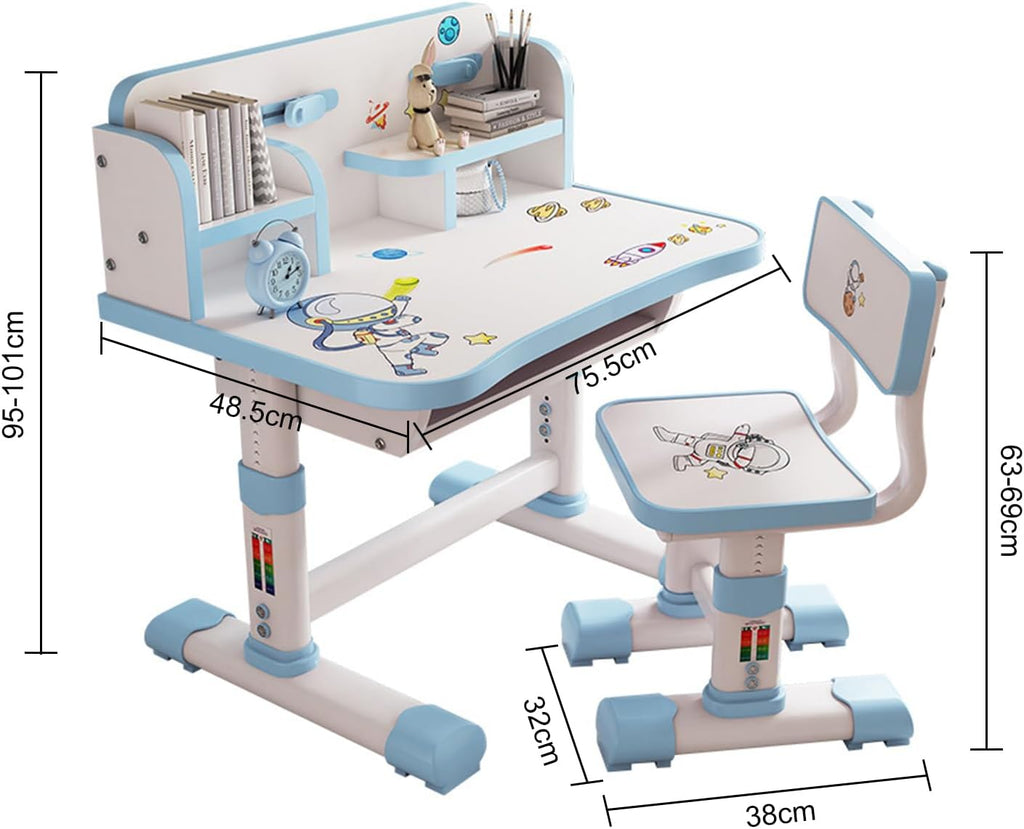 Kids Functional Desk and Chair Set, Height Adjustable Children School Study Table Chair Set with Cartoon Pattern