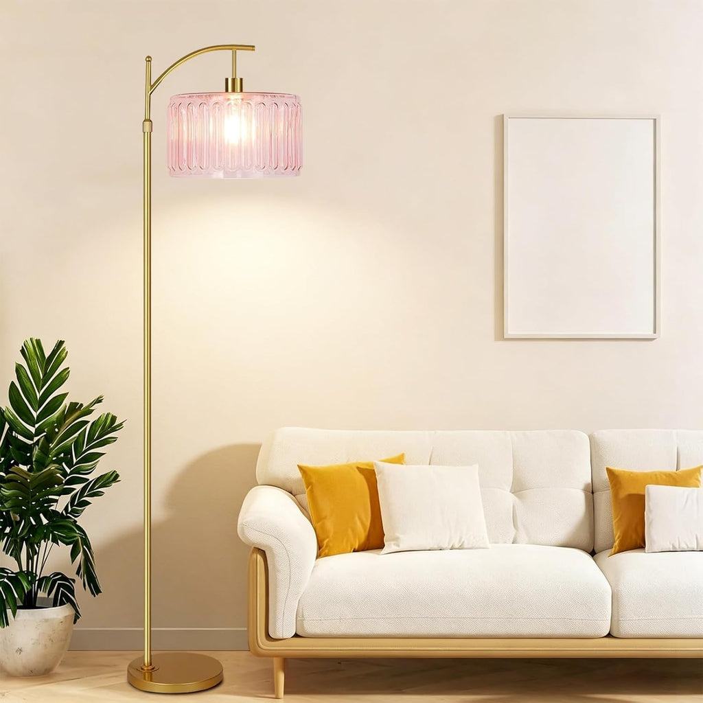 Pink Floor Lamp,Gold Dimmable Standing Lamp with Remote,Mid Century Modern Brass Tall Lamp Boho Floor Lamps Arc