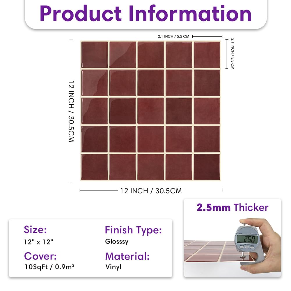Thicker 3D Peel and Stick Backsplash Tiles, 12" x 12" 10-Pack
