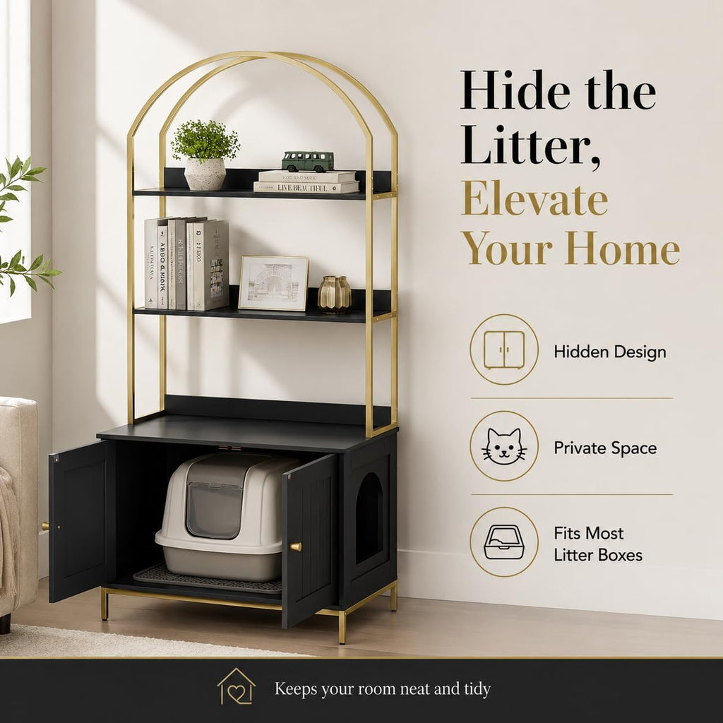 Cat Litter Box Enclosure with 2-Tier Shelves, Black and Gold