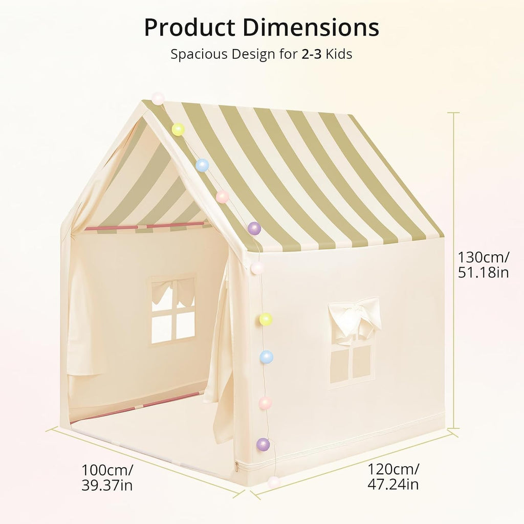 Kids Play Tent with String Lights Indoor, for 1-3 Kids, Beige Stripes