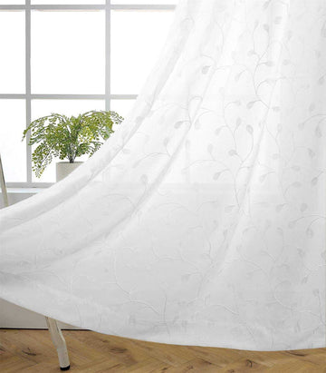 Floral Embroidered Semi Sheer Curtains Faux Linen Grommet Window Curtains Living Room 84 Inches Long 2 Panels, Pure