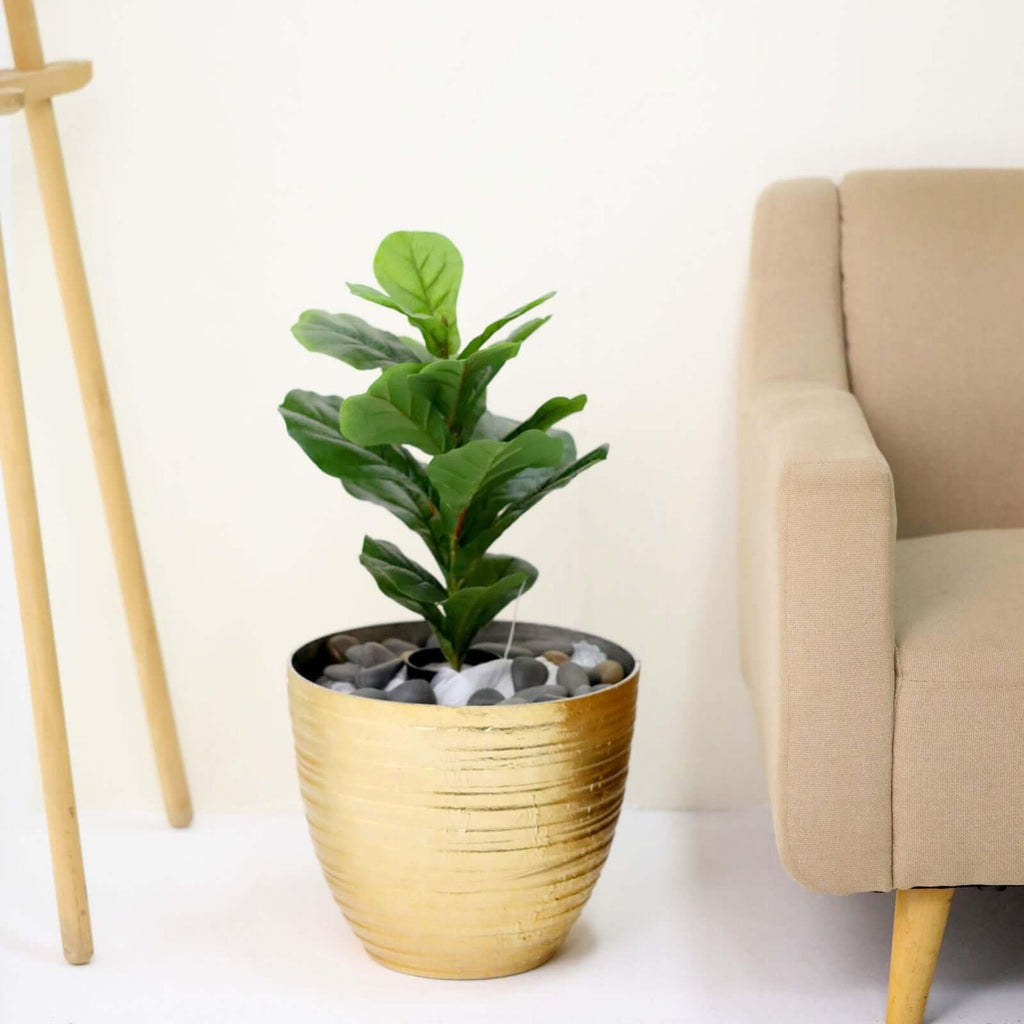 14 inch Large Metallic Gold Round Planter, Statuesque Gilded Flower Pot for Grand Entrances, Luxury Hotels and