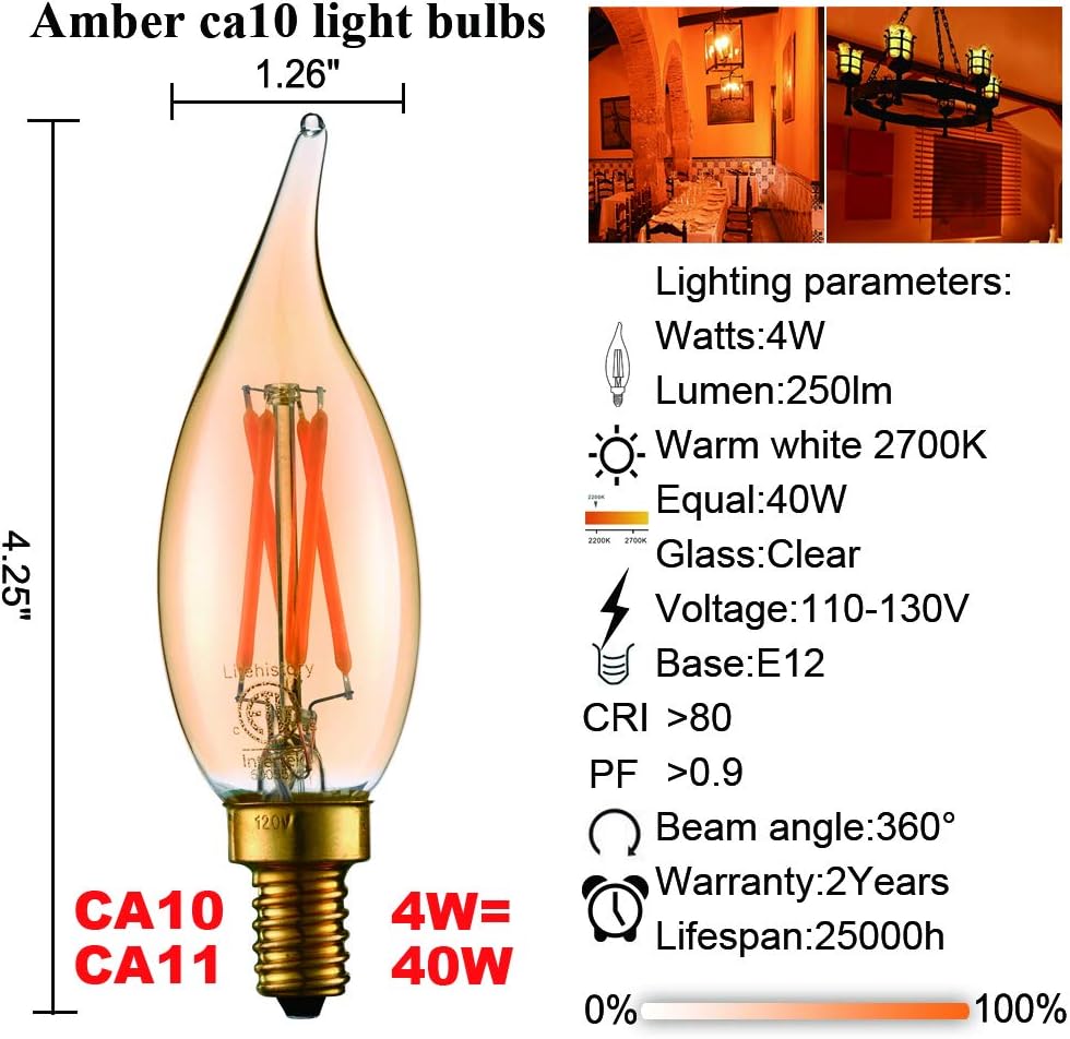 CA10 E12 Candelabra Bulb 40 watt,Amber Light Bulbs,2200K,6Pack
