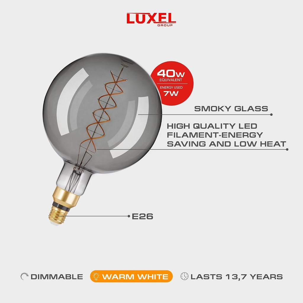 Oversized Edison LED Light Huge Bulb Vintage G63(G200) 7W Equivalent 40W - Dimmable 2200K Warm Glow - 350 Lumens E26