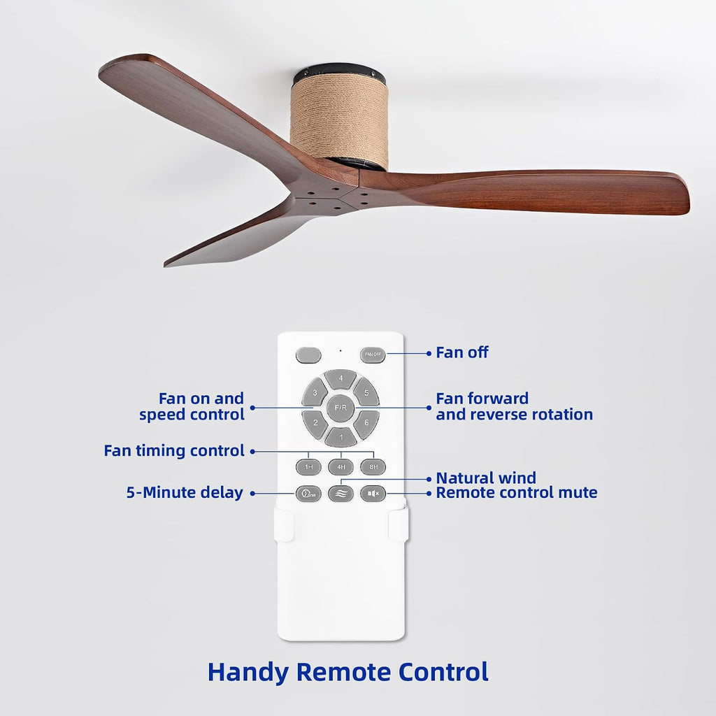 52" Low Profile Ceiling Fan No Light, Boho Farmhouse Flush Mount Ceiling Fan with Remote, Solid Wood Blades