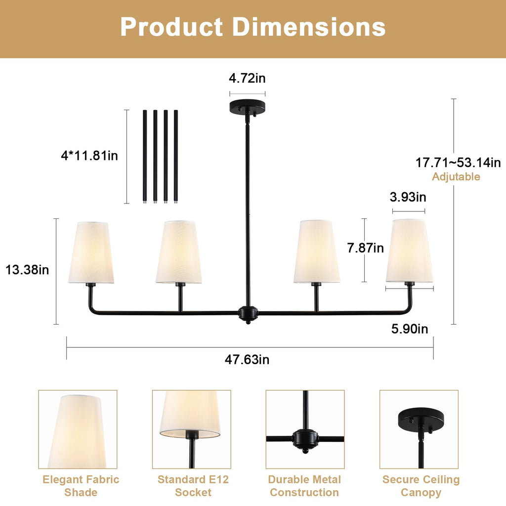 47.6" Large Linear Pendant Light, 4-Light Kitchen Island Lighting with White Linen Shades, Modern Matte Black