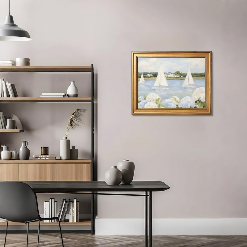 Grandmillennial Preppy Coastal Wall Art Nautical Sailboat Blue White Floral Canvas Print Vintage Seaside Beachy