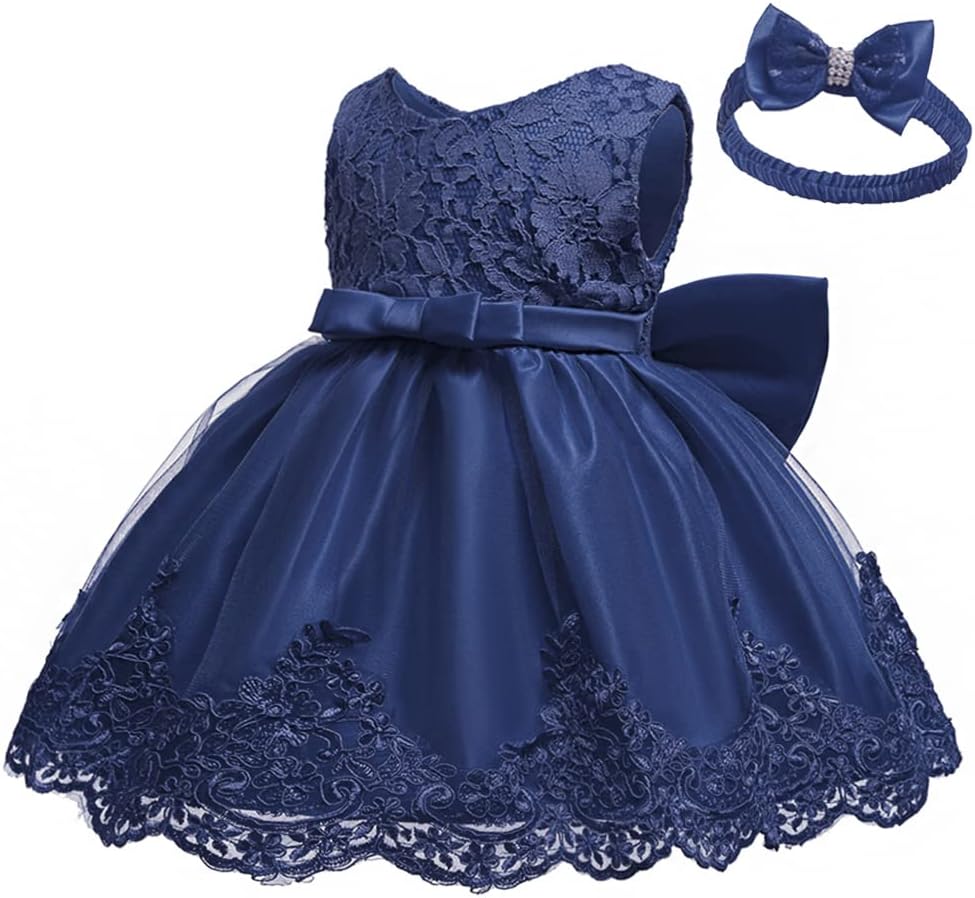 Toddler Girls Pageant Lace Dresses Baby Birthday Party Embroidery Dress with Headwear