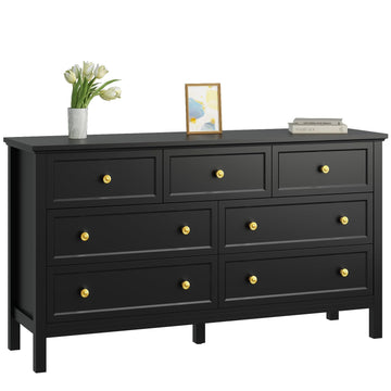 55" Black Dresser with 7 Drawers & Modern Gold Handle