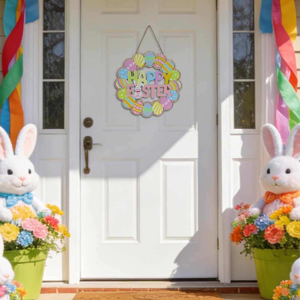 Easter Decorations, Wooden Bunny Eggs Wreaths for Front Door Sign, Happy Easter Wood Wall Signs Hanging Crafts Spring