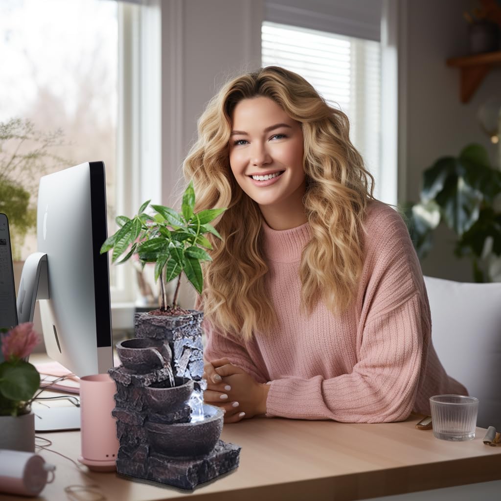 Indoor Tabletop Water Fountain with Planter Pot, Small Desk Waterfall with Cool LED Lights, Zen Decor, Calming