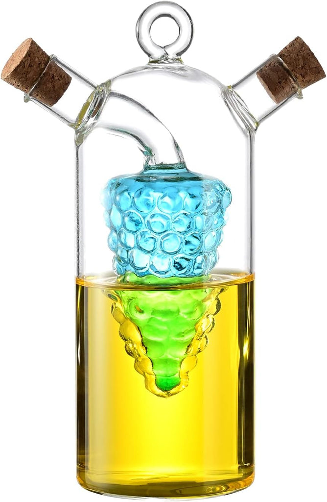 Grape Motif 2 in 1 Glass Oil and Vinegar Cruets,Dual Chamber Bottle