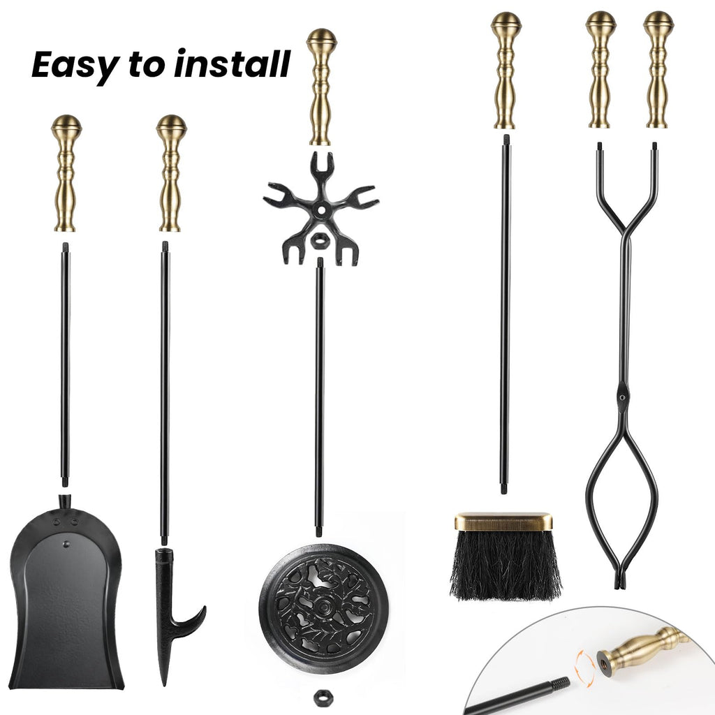 5 Pieces Fireplace Tools Sets Wrought Iron Firewood Kit with Handle Durable Tool Set and Holder for Fire Pit Stand