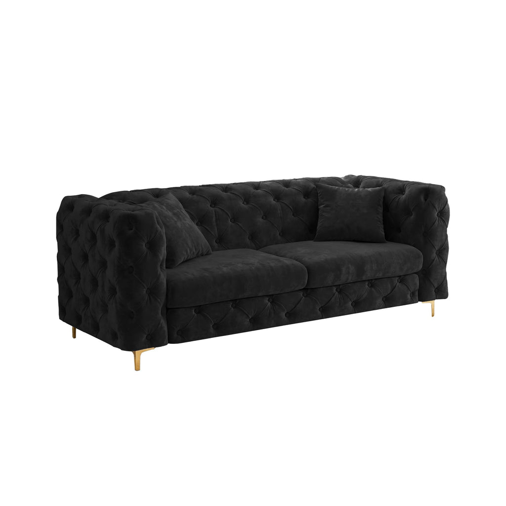 75" Mid Century Modern Sofa with Tufted Back, Gold Metal Legs, Black