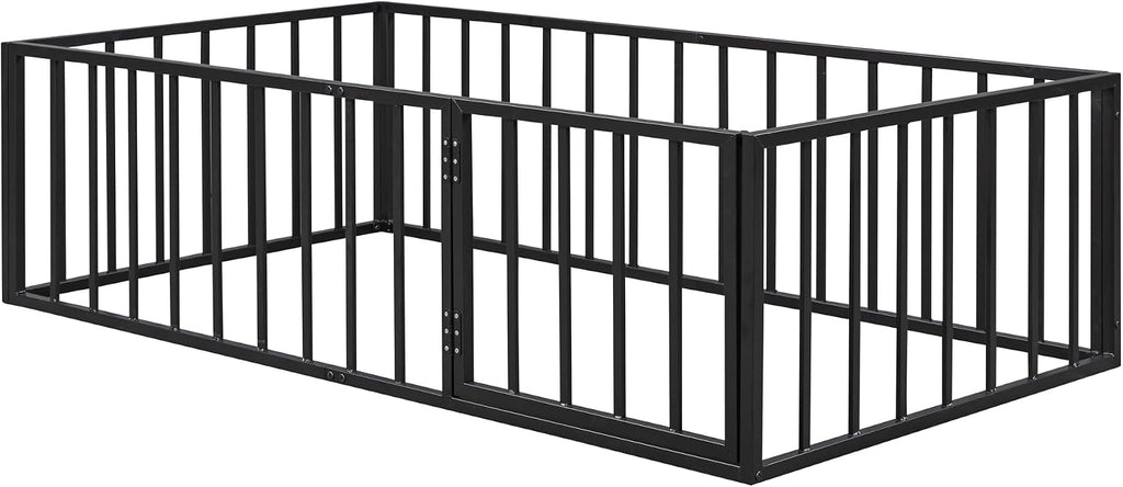 Floor Bed with Fence and Door, Heavy Duty Metal Montessori Floor Bed with Rails, Low-Profile Montessori Beds