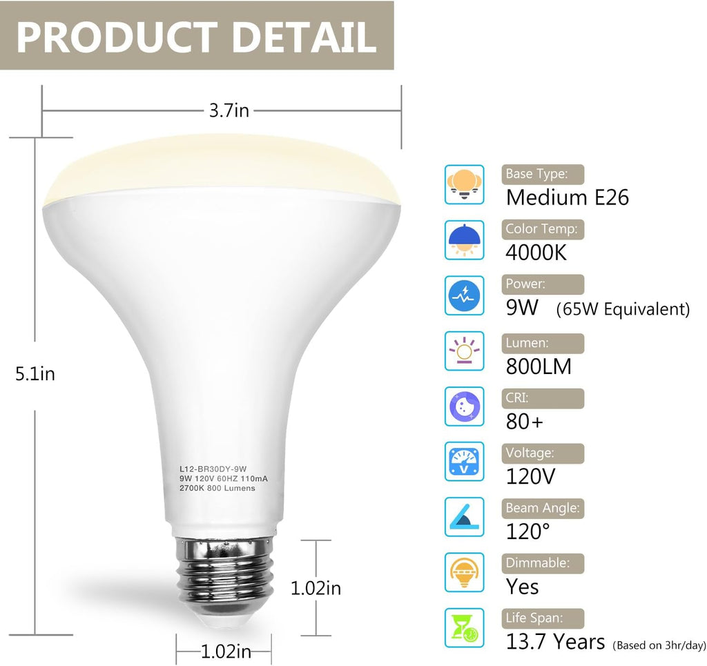 BR30 Led Bulb 65W Equivalent, Dimmable Flood Light Bulbs Indoor, E26 Base, 4000K Neutral White, 9W, 800 LM