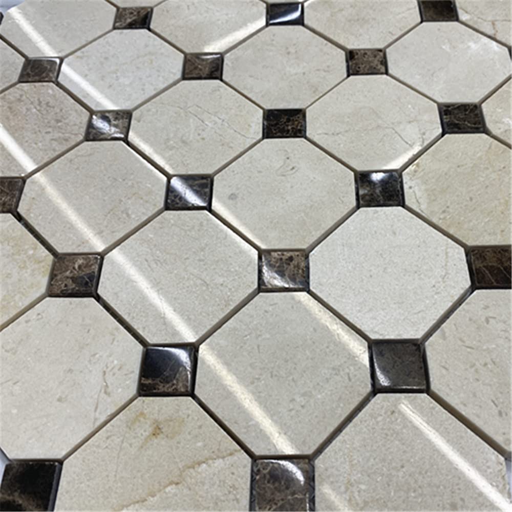 Crema Marfil Marble 2 inch Octagon Mosaic Tile w/Emperador Dark Brown Dots Polished Kitchen Bath Wall Floor