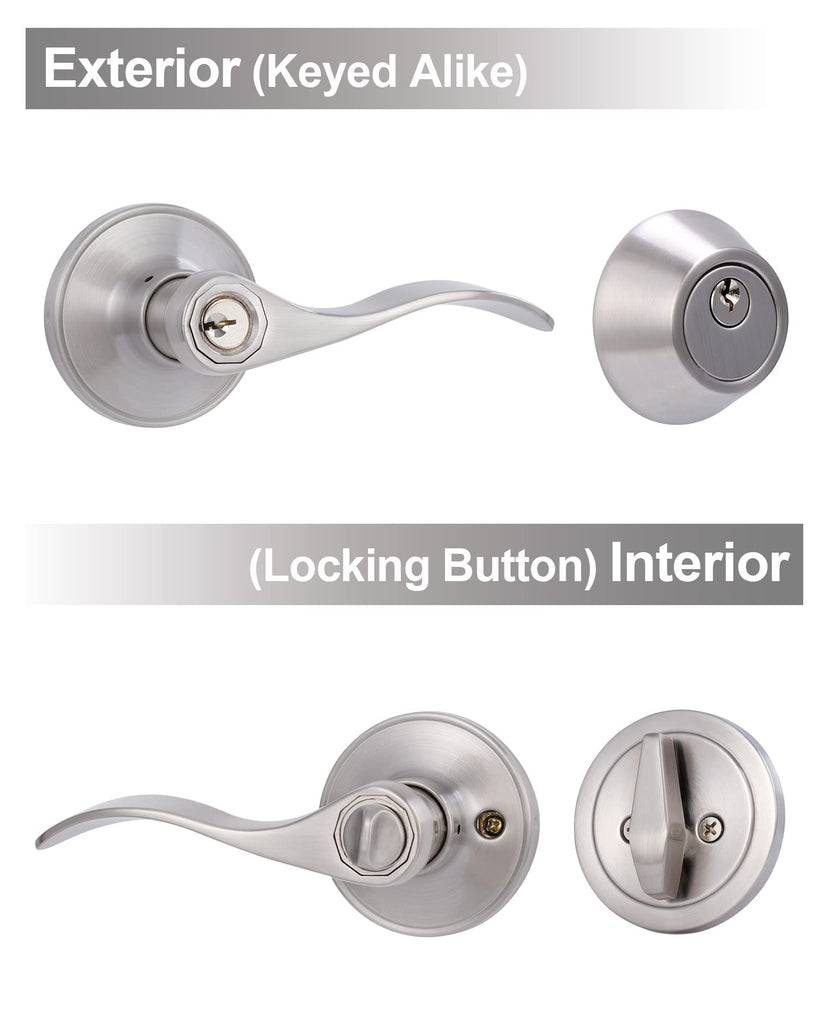 Keyed Alike Front Door Lever Lockset with Single Cylinder Deadbolt Combination Set, Exterior Door Knob with Lock and