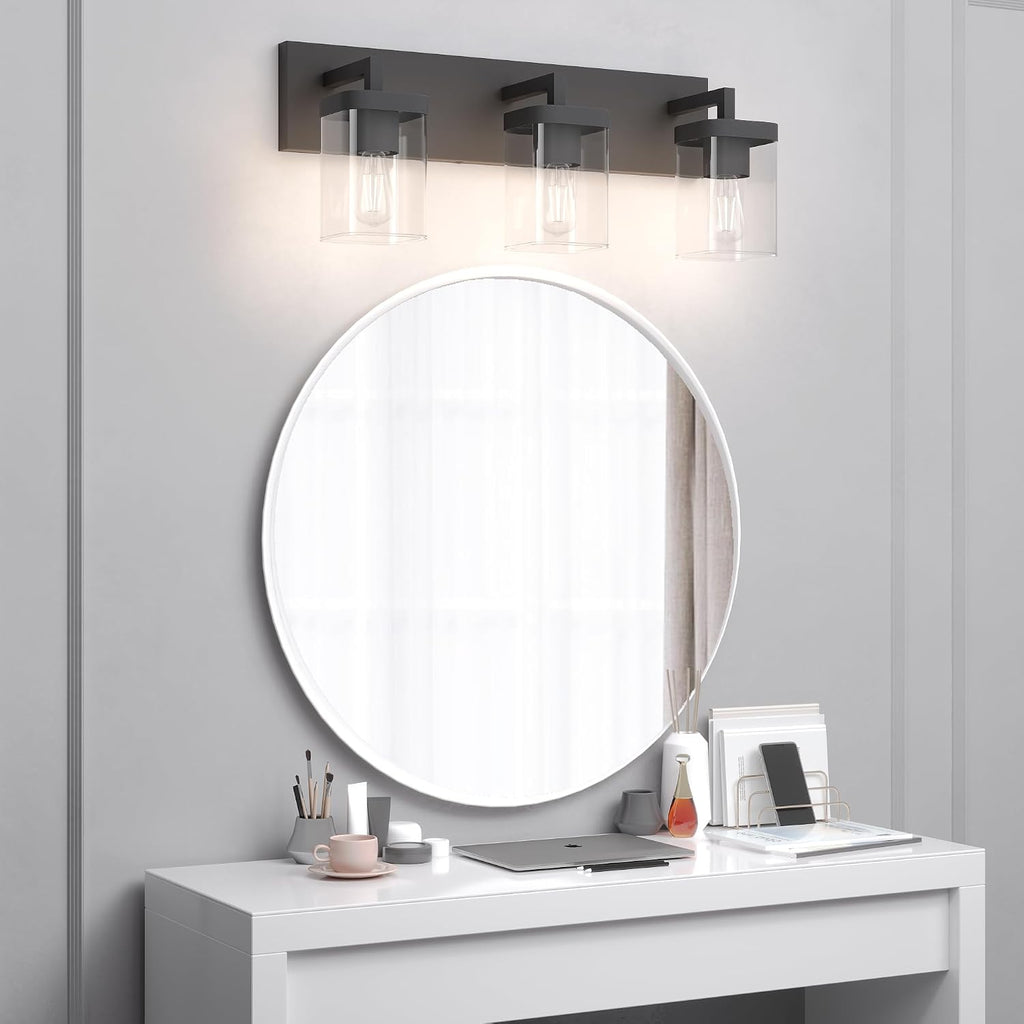 Bathroom Lighting Fixtures Over Mirror, Square Design & Rectangle Large Backplate, 3 Lights Morden Vanity Lighting