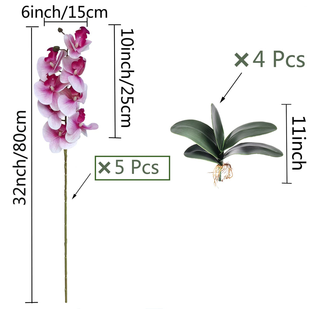 5 Pcs Artificial Orchid Flowers and 4 Bundles Leaves, Artificial Phalaenopsis Flowers 32 Inch Stem Plants Wedding