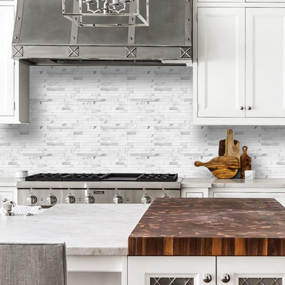 10-Sheet Peel and Stick Backsplash Tile, Faux White Marble Look PVC Mixed Metal Stick on Backsplash , 9.4 sq.ft