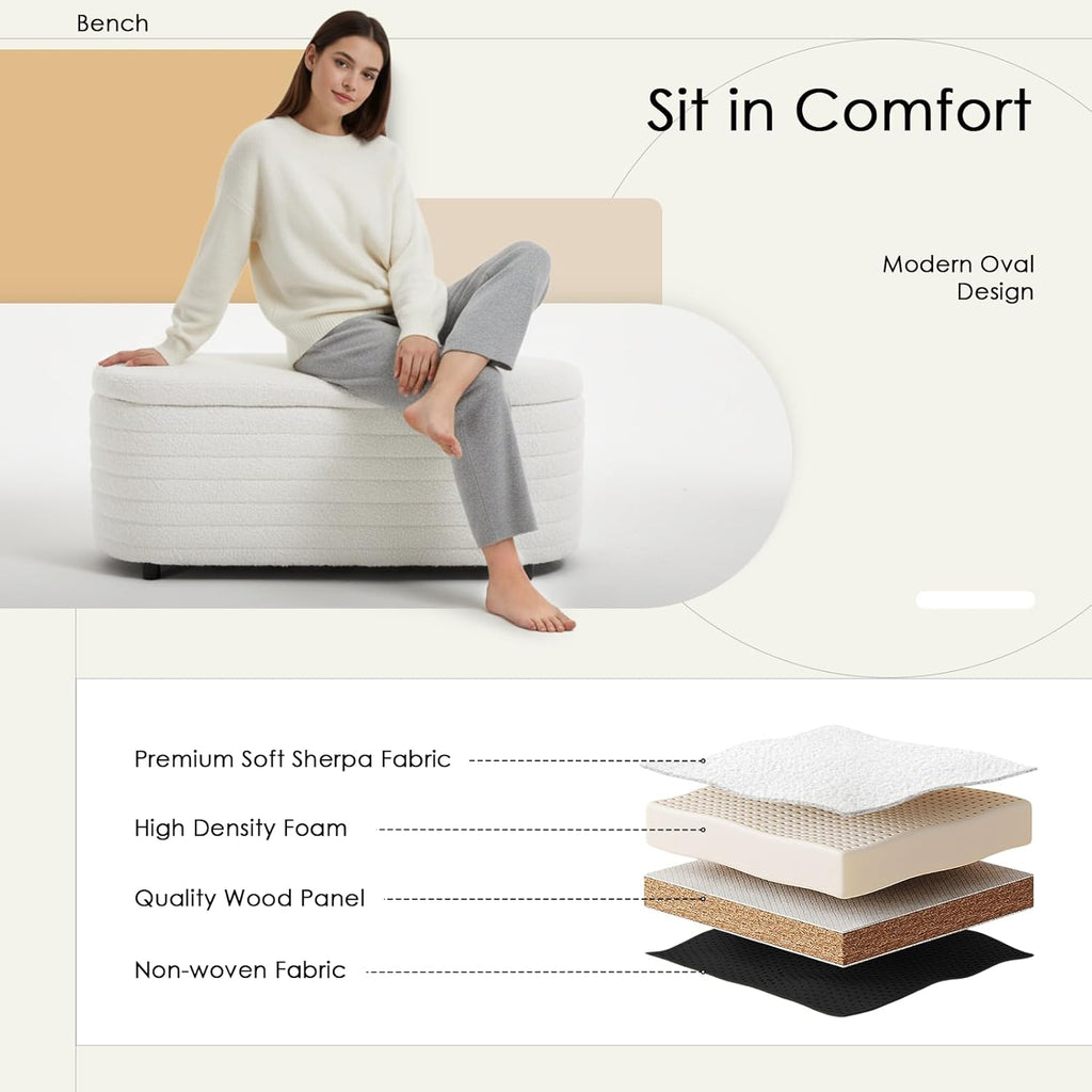 45.5" Storage Teddy Ottoman Bench Upholstered Fabric Bench Hidden Storage Chest with Slow-Close Safety Hinge , White
