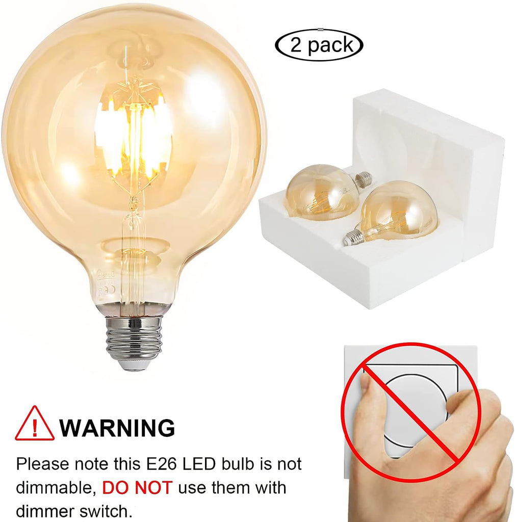 LED Bulbs 60 Watt Equivalent, 2 Pack 6W G125 Led Globe Bulbs, Antique Vintage Light Bulbs Amber, E26 LED Edison Light