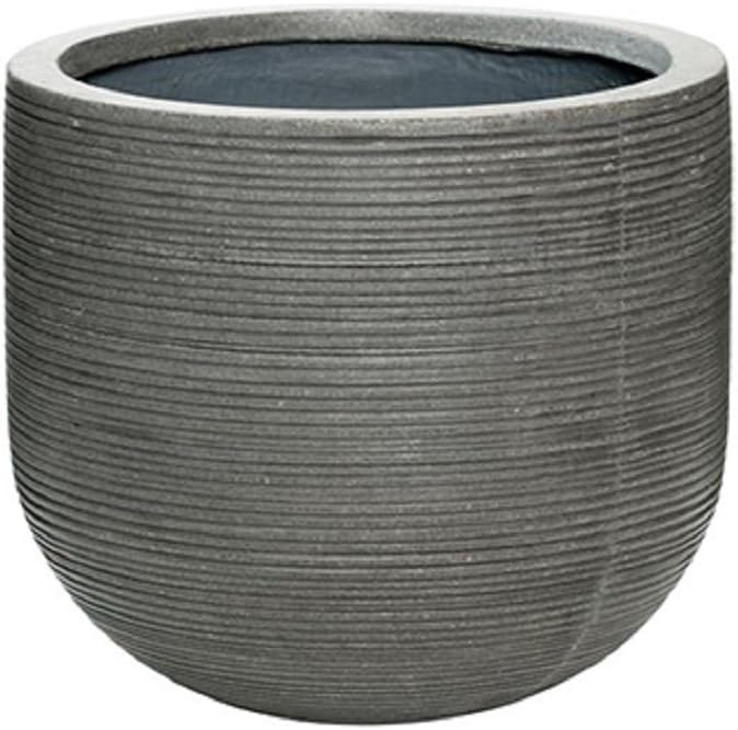 Round Horizontal Ridged Planter Ficonstone Gray Flower Pot 12" H x 14" W - Indoor Outdoor by Potter Pots