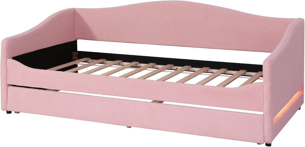 Full Size Upholstered Daybed with Trundle and LED Lights, Modern Wood Teddy Fleece Bed Frame with Slats Support and