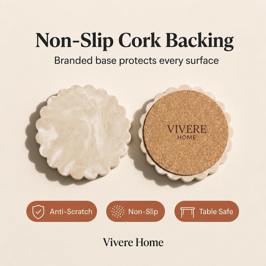 Concrete Stone Coasters Set of 4, Coffee Table Decor, Cute Coasters for Drinks, Non-Slip Cork Backing, Housewarming