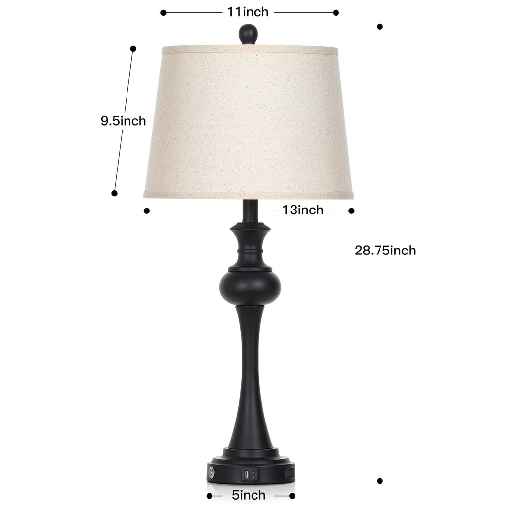 28.75 " 3-Way Touch Control Modern Table Lamp Set of 2, Bedside Lamp with USB A+C Ports, Mid Century Black Table