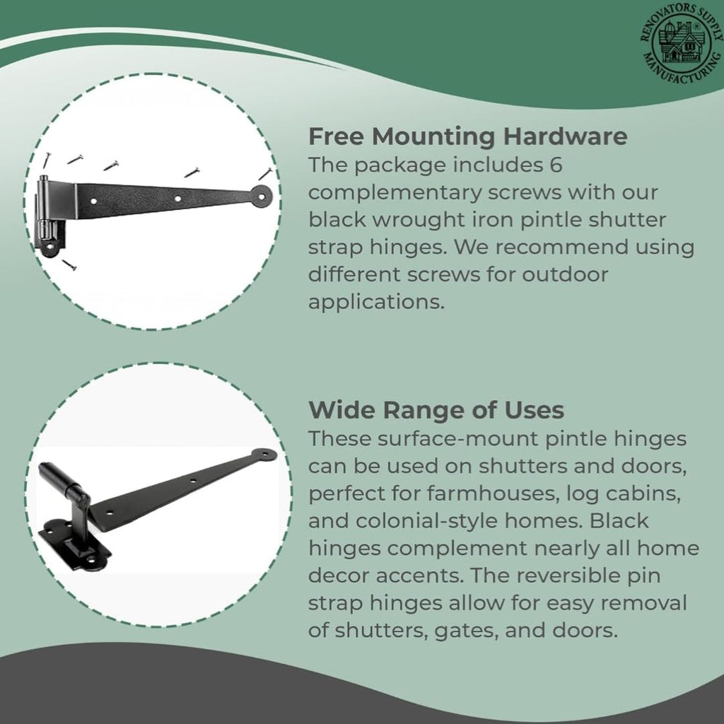 Black Cast Iron Pintle Strap Hinges 11-3/4 Inch Offset Lift Off Shutter Gate Door Hardware RSF Rustic Colonial