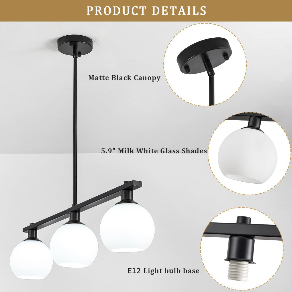 Kitchen Island Lighting 3 Lights Linear Pendant Light Fixtures With Milk Glass Shades Black Farmhouse Chandeliers