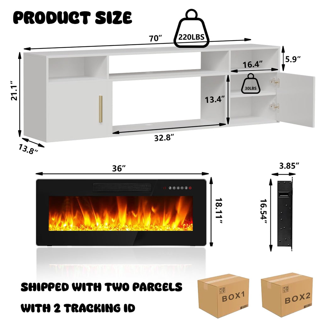 70" Floating TV Stand with 36" Electric Fireplace, Wall Mounted Fireplace LED Light Entertainment Center with Open