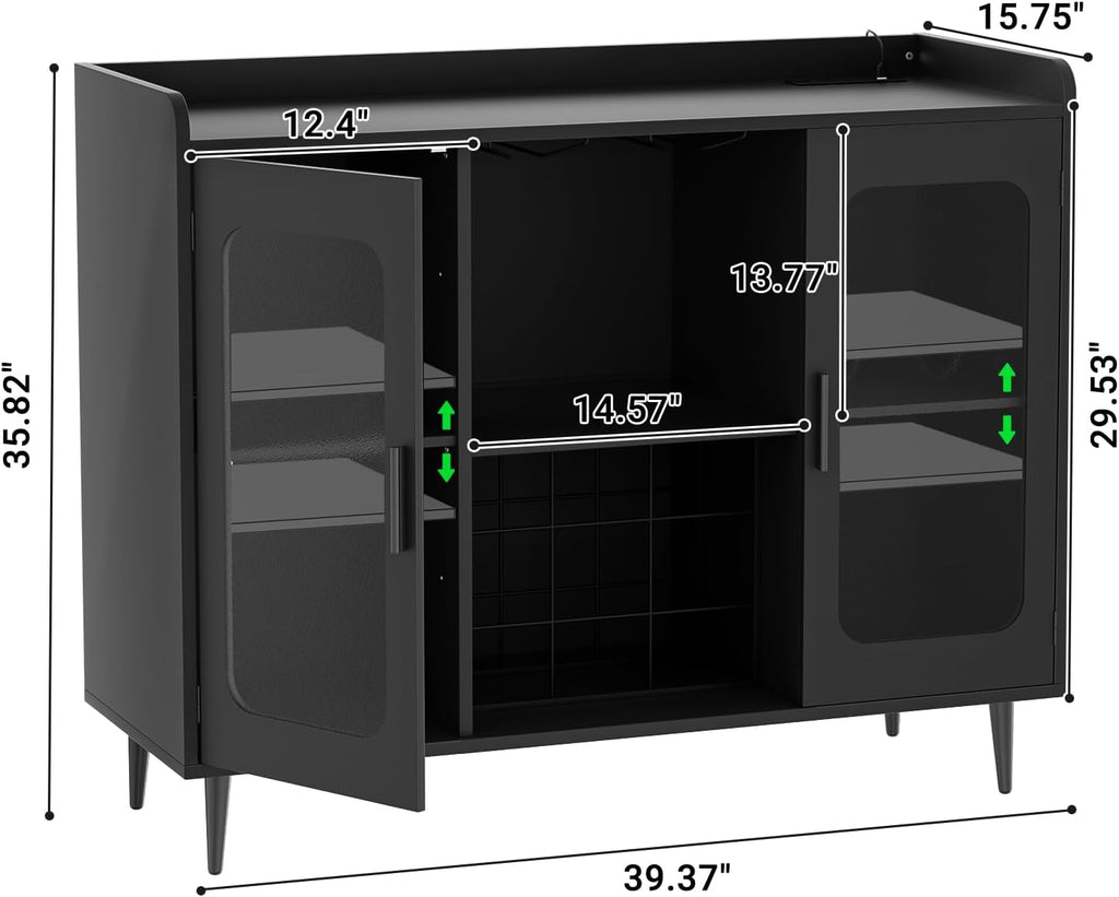 Coffee Bar Cabinet with Power Outlets and LED Light, Black | Liquor Cabinet with Wine Rack & Glass Holder, Bar Cart