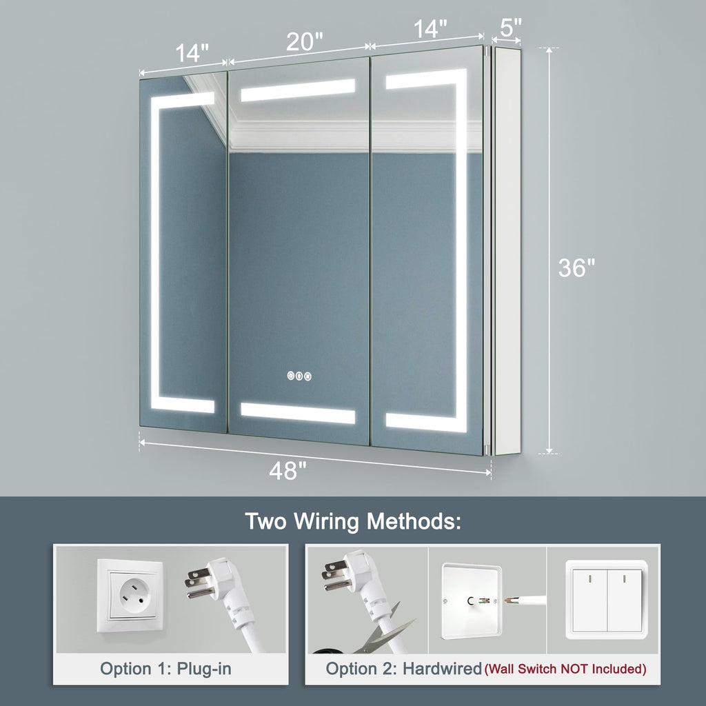 Upgraded Tempered-Mirror Medicine Cabinet with Lights 48x36 Inch, Plug-in or Hardwired, Anti-Fog/3 Colors/Dimmable