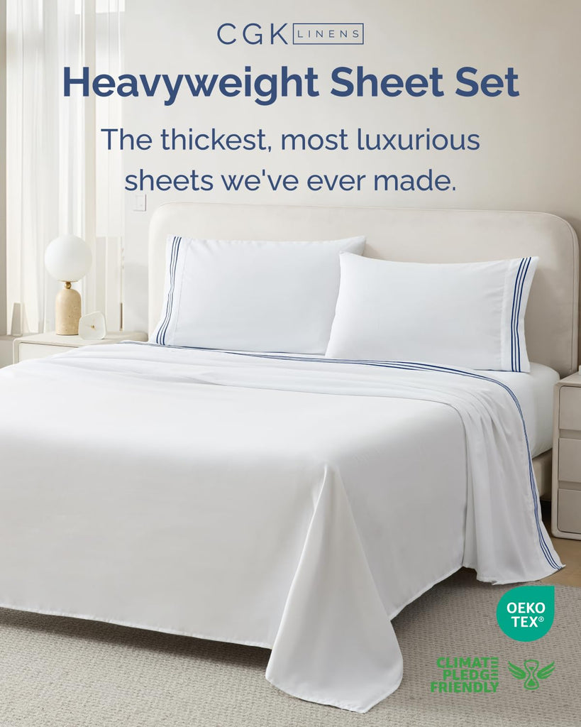 Extra Thick Heavyweight, 4 Piece Embroidery Sheet Set - Navy