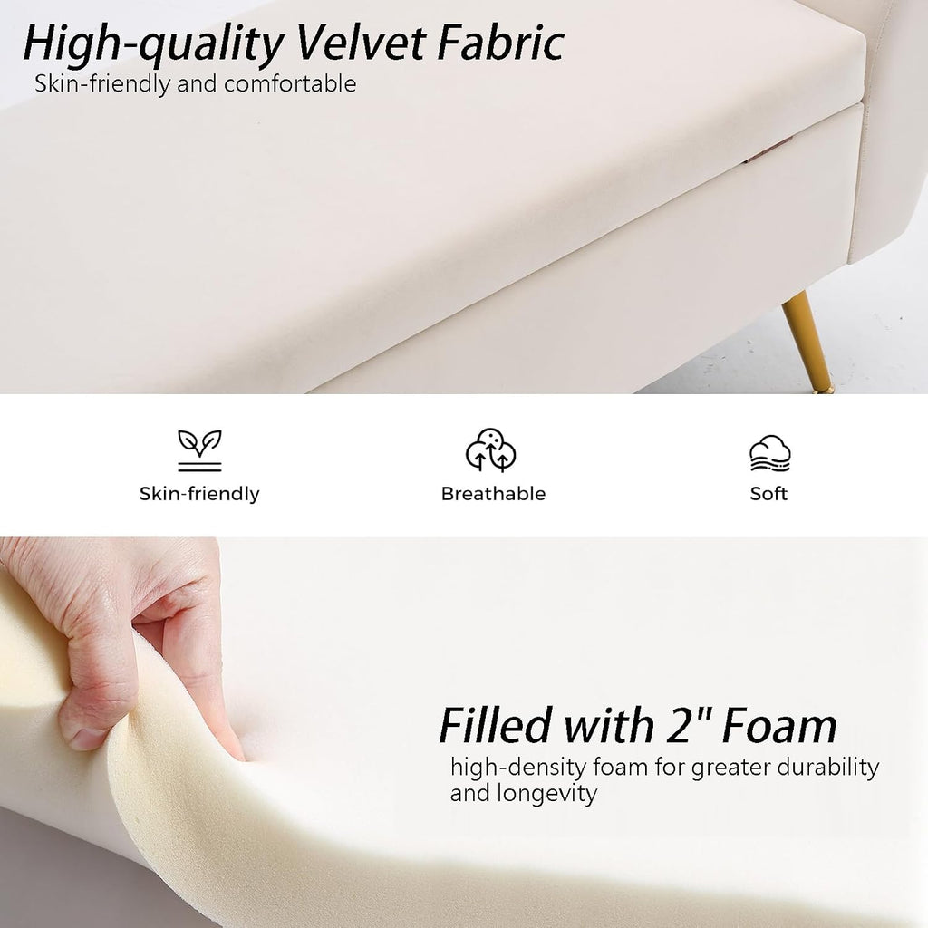 56" Storage Bench King Size Bed, Gold Legs, Velvet Ivory White | Long Ottoman, Modern End of Bed Bench, with Arm