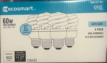 A19 Spiral Non-Dimmable E26 Base Compact Fluorescent CFL Light Bulb, Daylight 5000K (4-Pack)