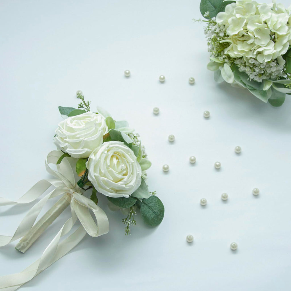 Artificial Bridesmaid Bouquets Set of 8 - Ivory White 9 Inch Various Flower Bouquet for Wedding Party Ceremony