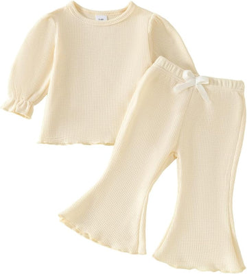 Toddler Girl Fall Outfits piece Baby Lantern Sleeve Shirt and Flared Pant Clothes Set Waffle Clothing for Girls